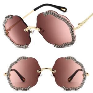 Stylish Gold Geometric Sunglasses Womens Retro Scalloped Rimless Rhinestone